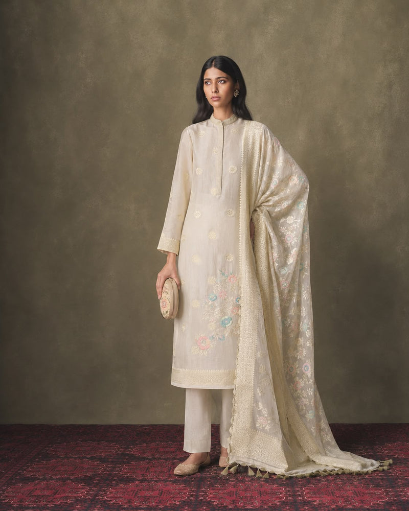Beige Banarasi Suit Set — Neck Meenakari Yoke, Polychrome Floral Spray Kurta & All-Over Jaal Dupatta | 2-Piece