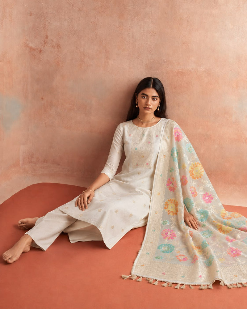 Champagne Banarasi Munga Silk Suit Set — Geometric Meenakari Booti Kurta & Full-Coverage Polychrome Floral Dupatta | 2-Piece