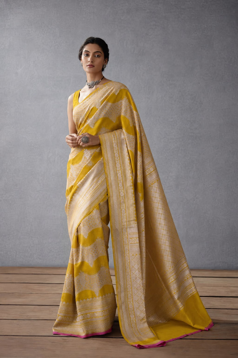 Mustard & Silver Banarasi Katan Silk Sari — Rangkat Two-Colour Body with Dense Silver Zari & Pink Petni