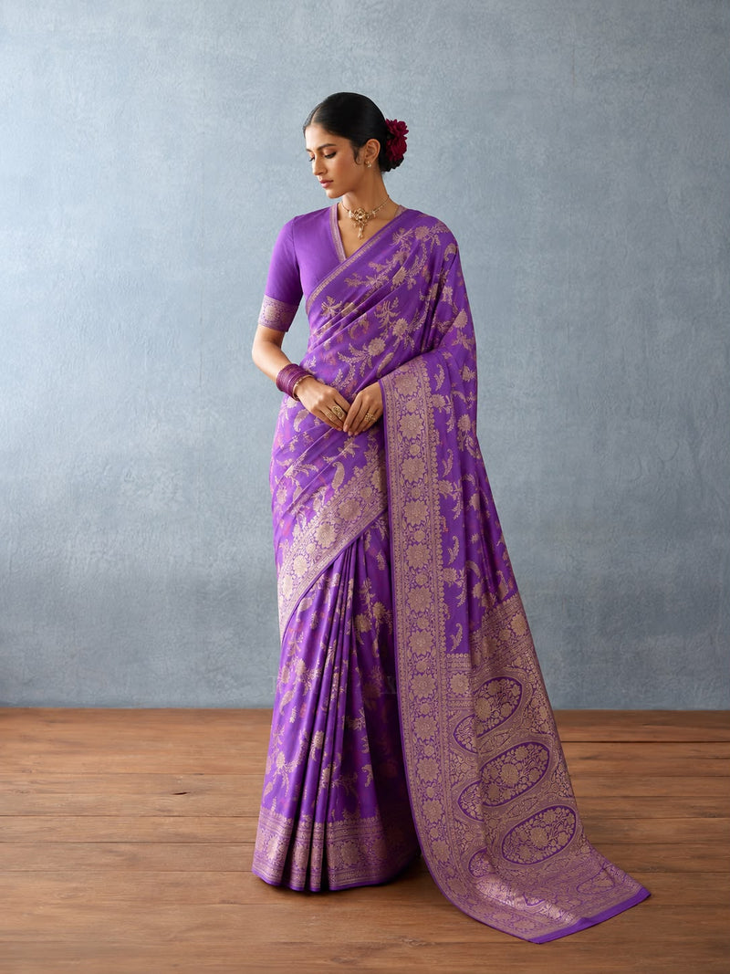 Violet Banarasi Katan Silk Sari — All-Over Figurative Floral Jaal Body & Medallion Pallu