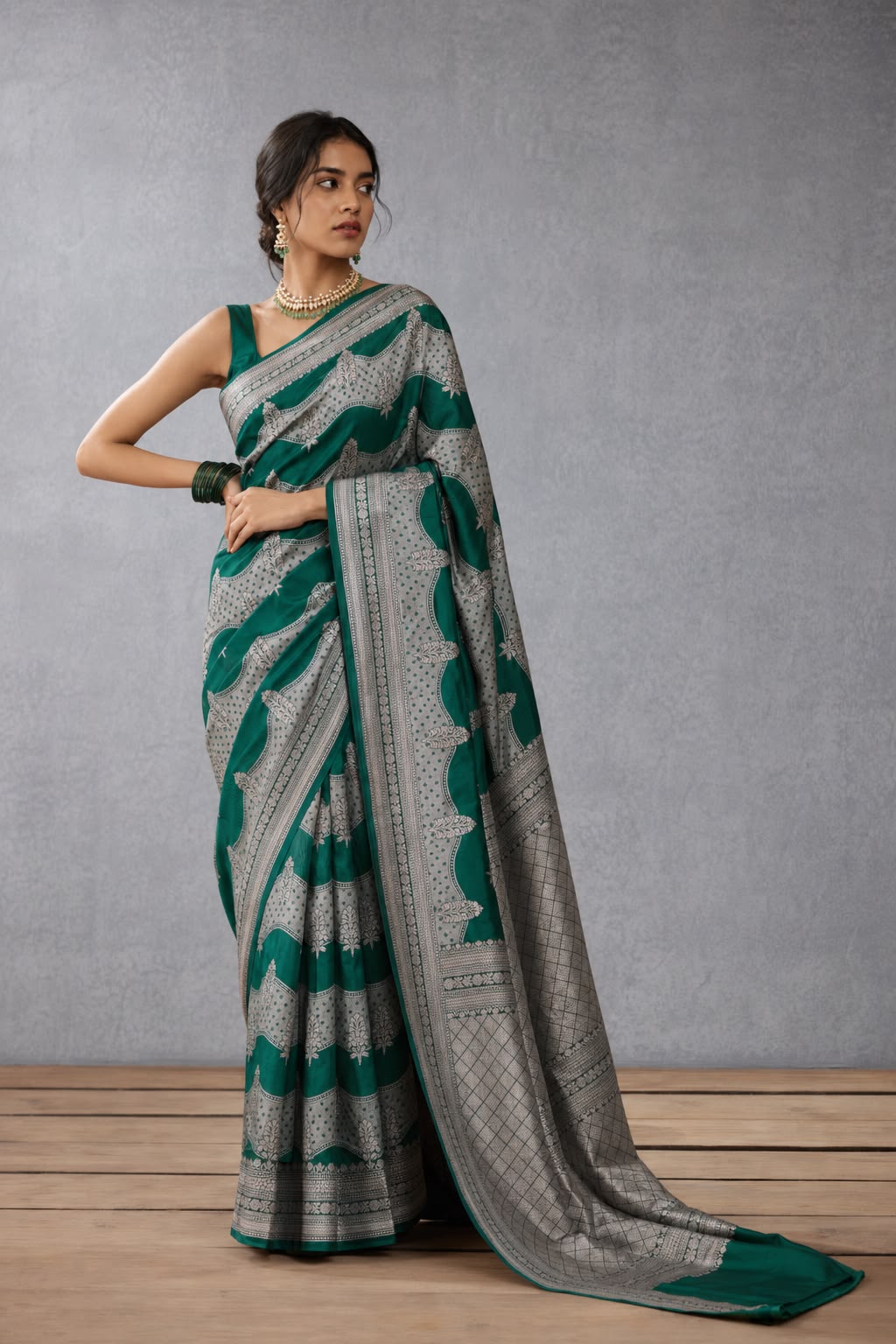 Teal & Silver Banarasi Katan Silk Sari — Rangkat Two-Colour Body with Architectural Cartouche Motifs & Geometric Pallu