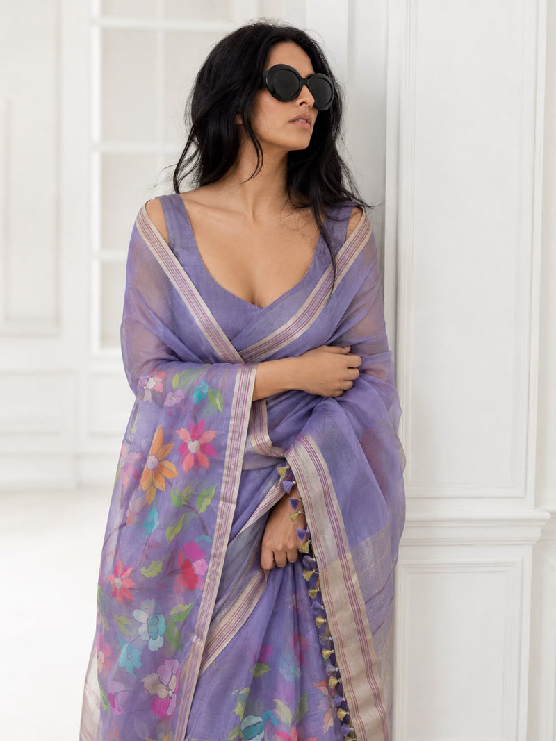 Periwinkle Banarasi Kora Organza Sari — Plain Body & Polychrome Naturalistic Floral Pallu with Stripe Border