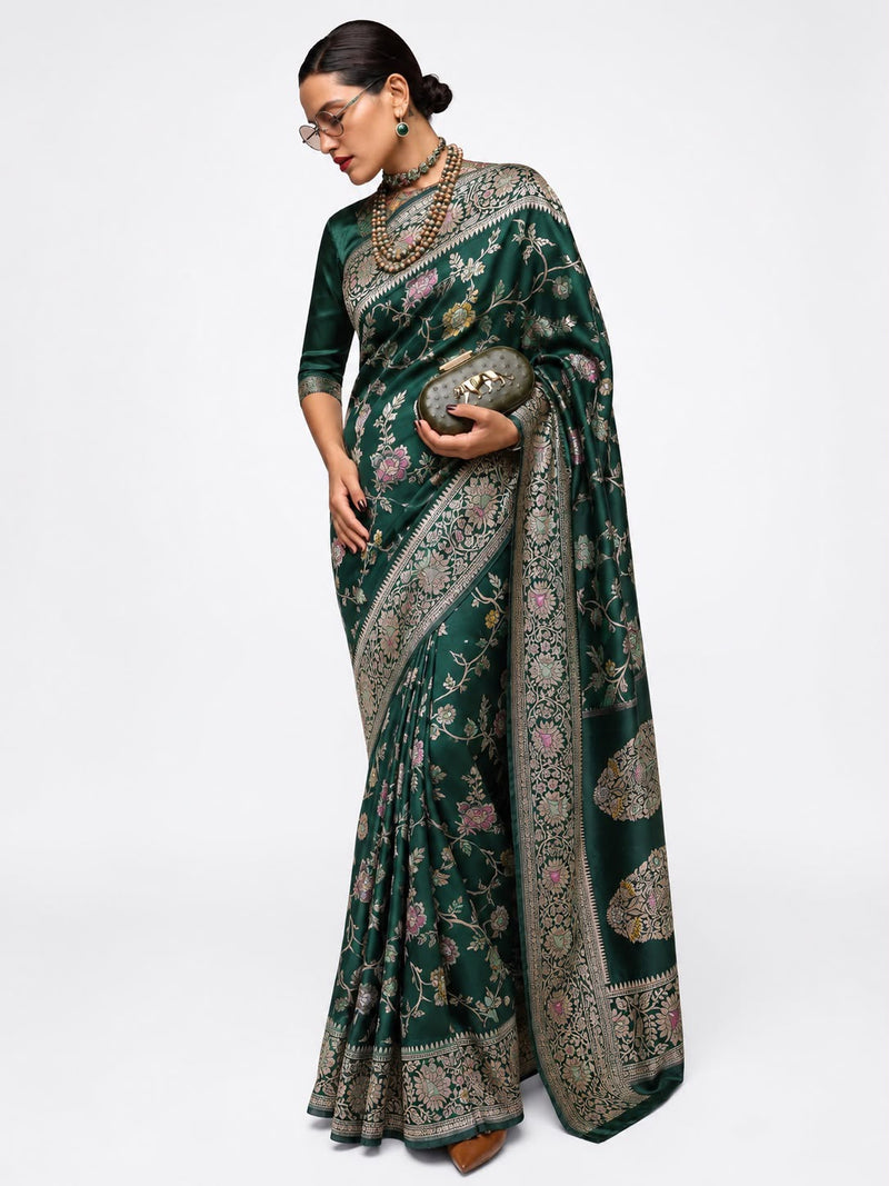 Forest Green Banarasi Katan Silk Sari — Full-Coverage Polychrome Meenakari Rose Vine Body & Boteh Pallu with Blue Petni