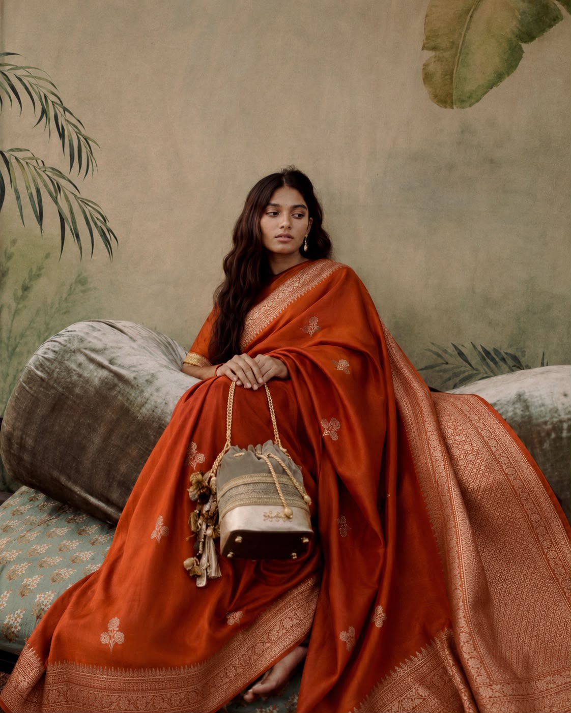 Burnt Orange Banarasi Mulberry Silk Sari — Self-Tone Cream Zari Marigold Booti Body & Diamond Jaal Pallu