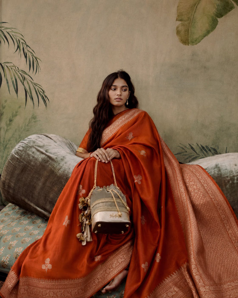 Burnt Orange Banarasi Mulberry Silk Sari — Self-Tone Cream Zari Marigold Booti Body & Diamond Jaal Pallu