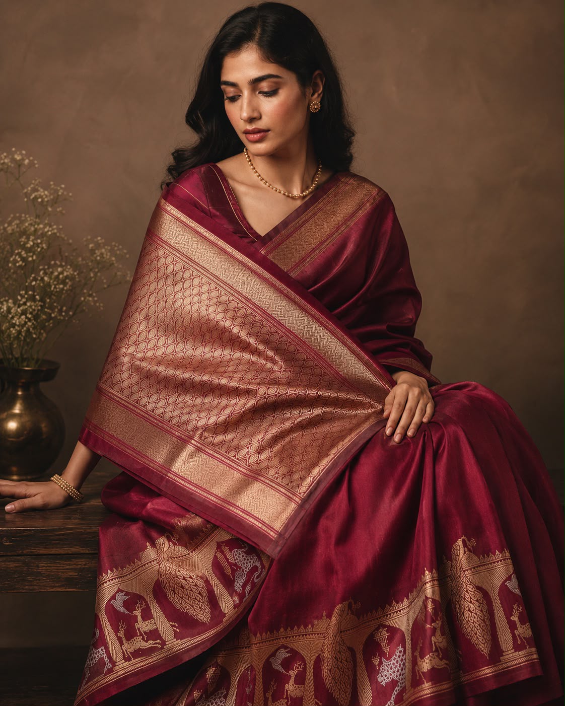 Wine Banarasi Mulberry Silk Sari — Plain Body with Figurative Shikargah Arcade Border & Dense Gold Ogee Jaal Pallu