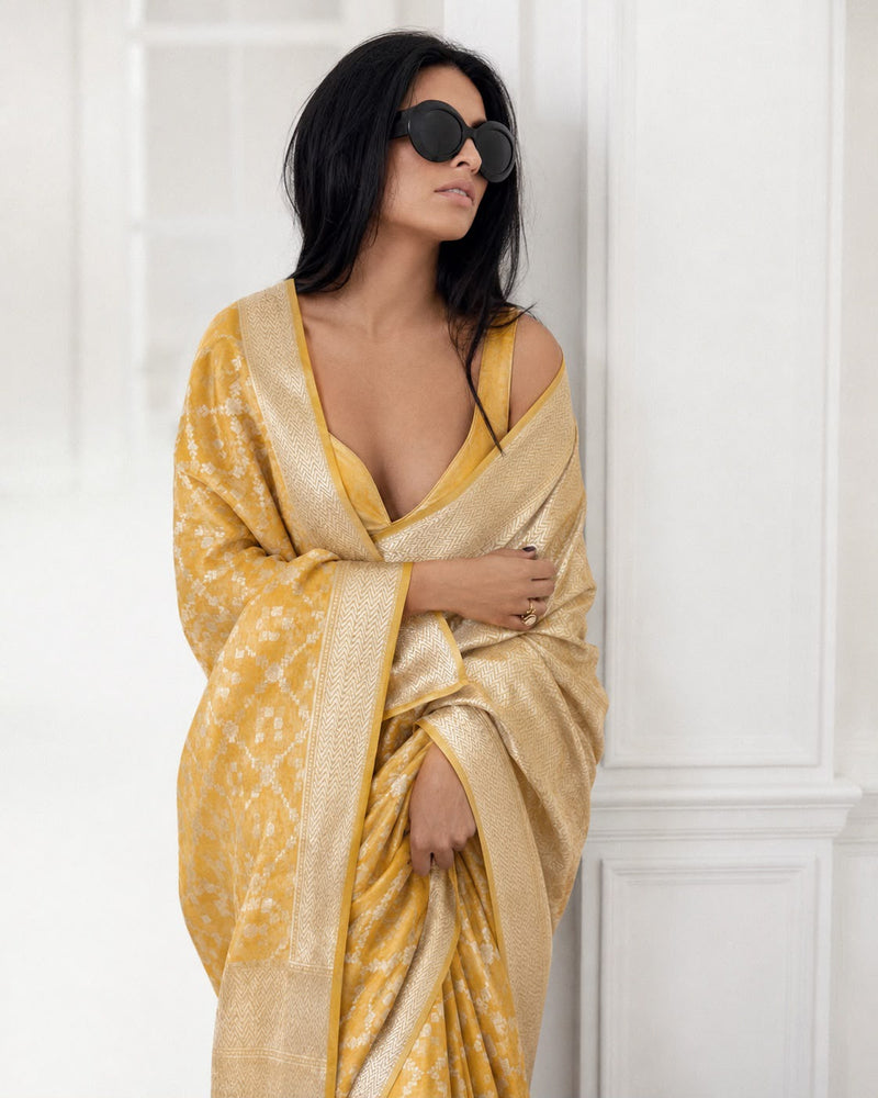 Mustard Banarasi Cotton Sari — Dense Diamond Trellis Jaal Body & Graphic Chevron Border