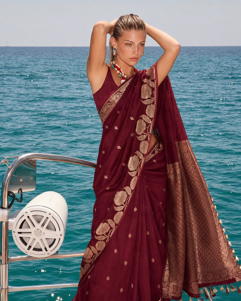 Maroon Banarasi Mulberry Silk Sari — Scattered Leaf Booti Body, Rose Floral Border & Interlocking Chain Pallu