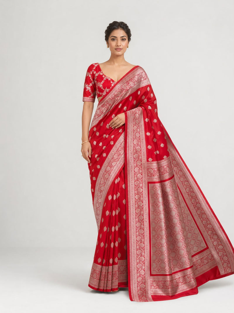 Crimson Banarasi Silk Sari — Dense Silver Leaf Booti Body, Full-Floral Border & Diamond Cross Lattice Pallu