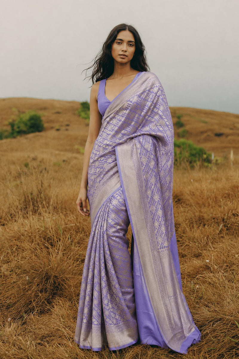 Lavender Satin Silk Banarasi Sari with Gold-Toned Floral Jaal