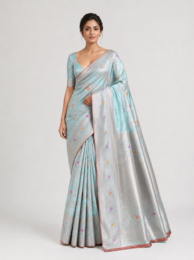 Aqua Katan Silk Banarasi Sari with Meenakari Floral Jaal
