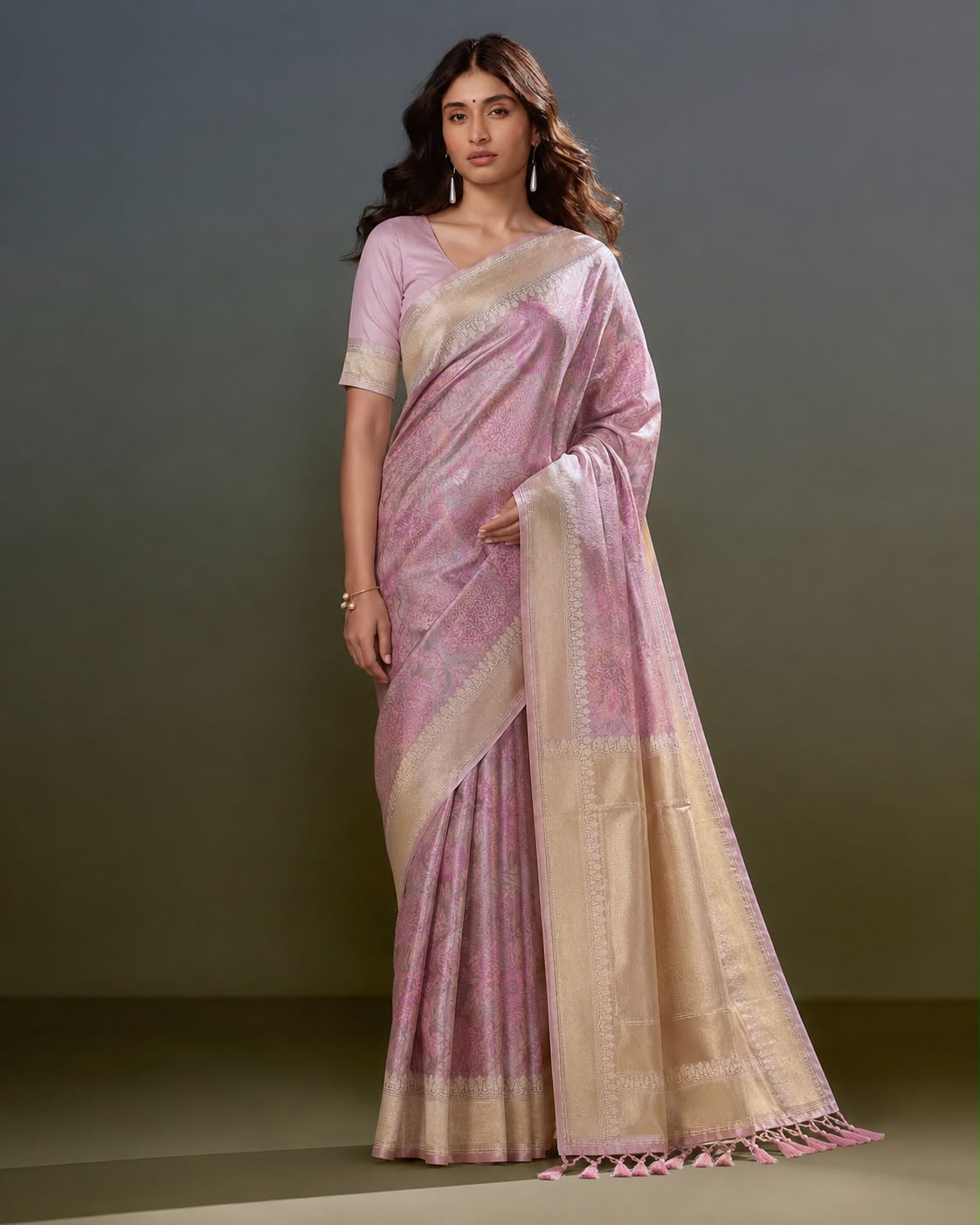 Rose-Mauve Mulberry Silk Banarasi Sari with Chrysanthemum Jaal