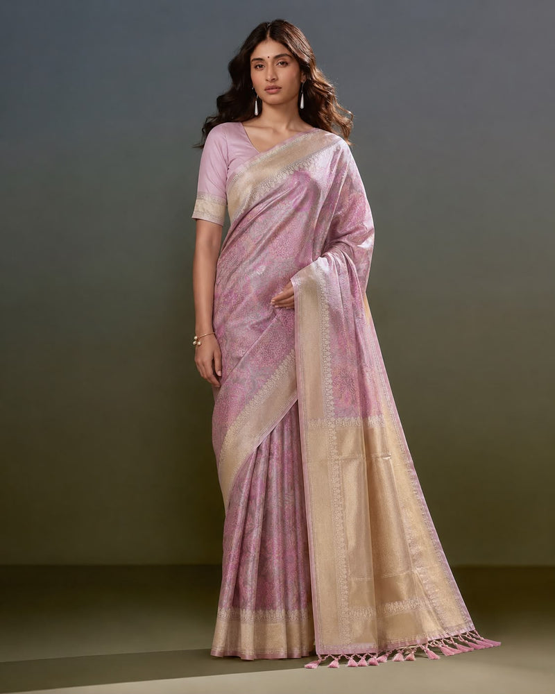 Rose-Mauve Mulberry Silk Banarasi Sari with Chrysanthemum Jaal