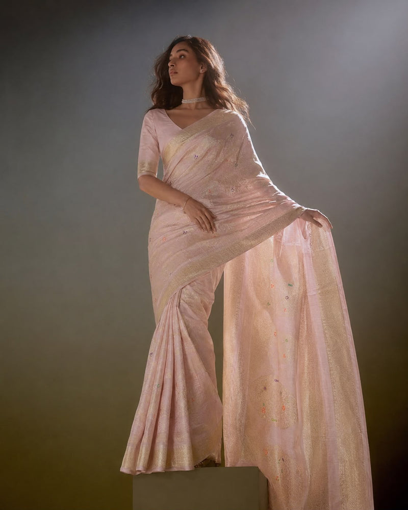 Blush Pink Mulberry Silk Banarasi Sari with Lotus Pond Jaal
