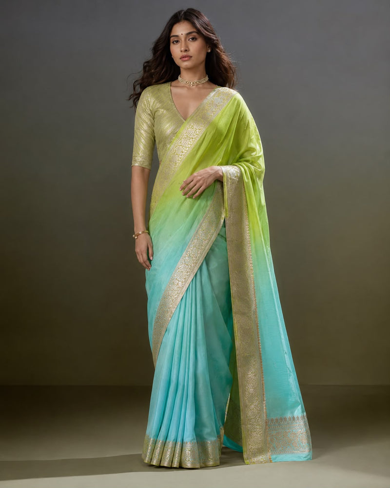 Lime-to-Aqua Ombré Organza Silk Banarasi Sari with Zari Bel Border