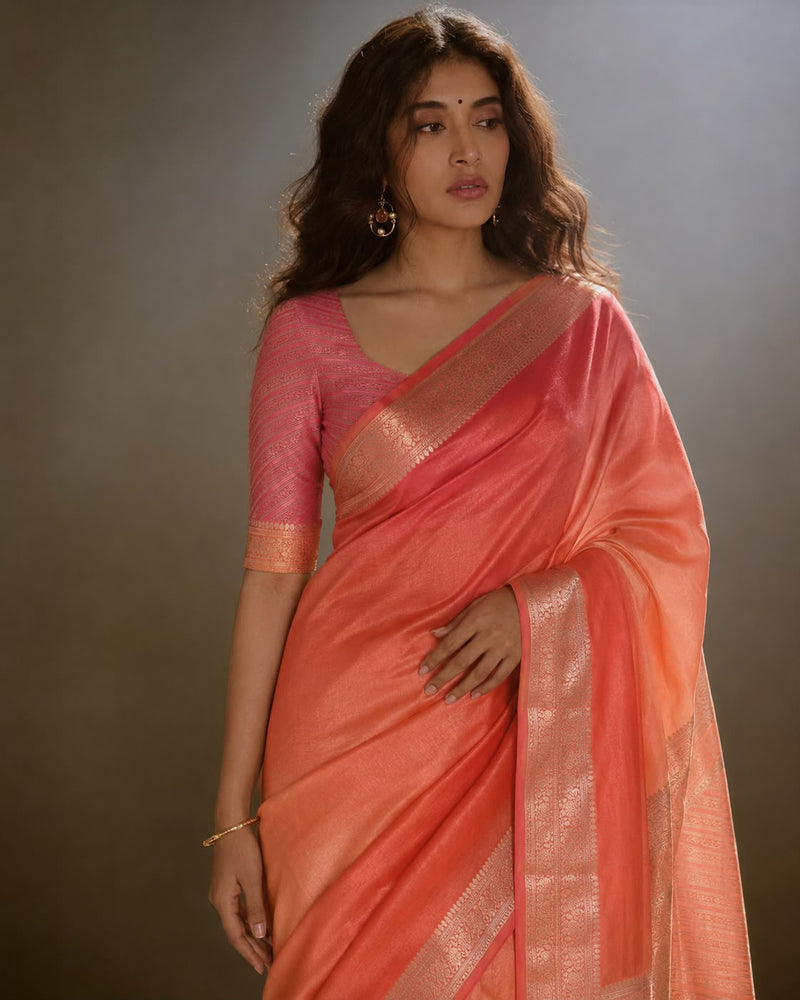 Rose-to-Coral Ombré Pure Organza Silk Banarasi Sari with Zari Bel Border