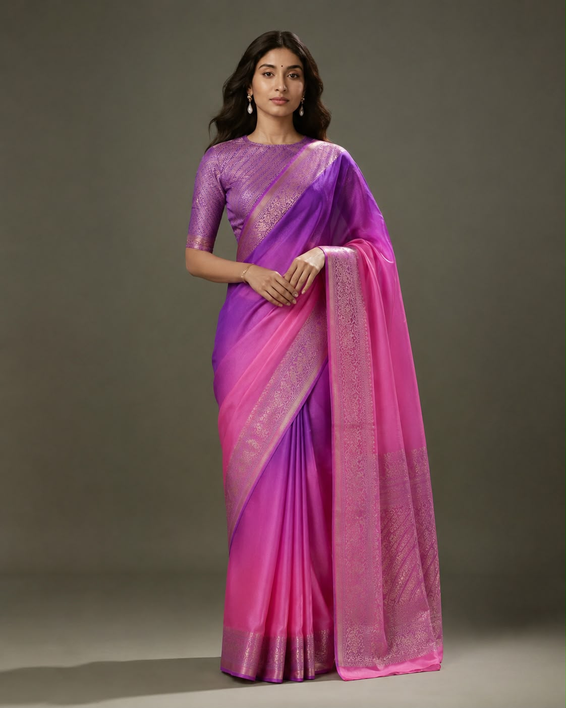 Violet-to-Rose Ombré Pure Organza Silk Banarasi Sari with Antique Zari Border
