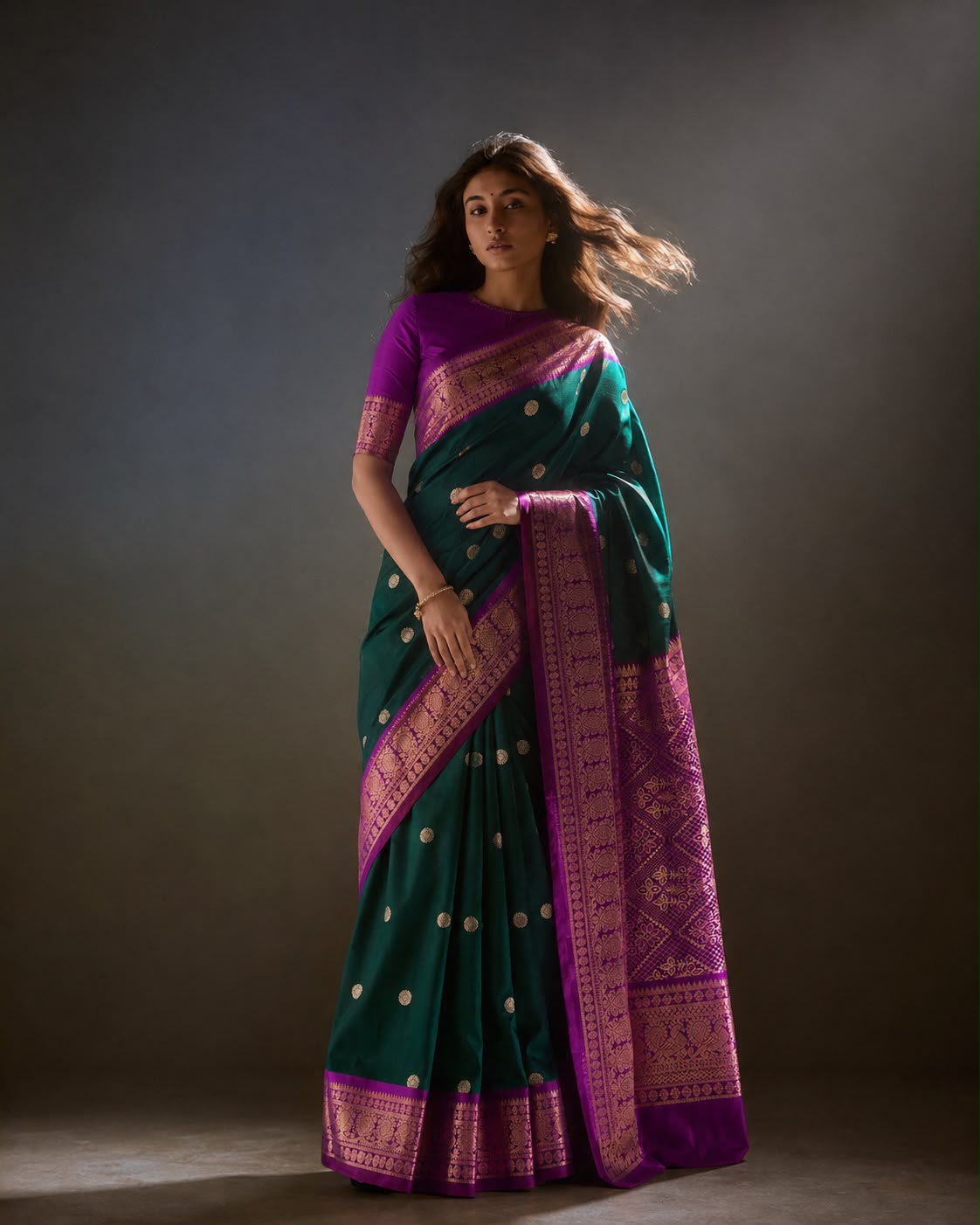 Emerald Green Kanjeevaram Silk Sari with Coin Butas and Purple Zari Border