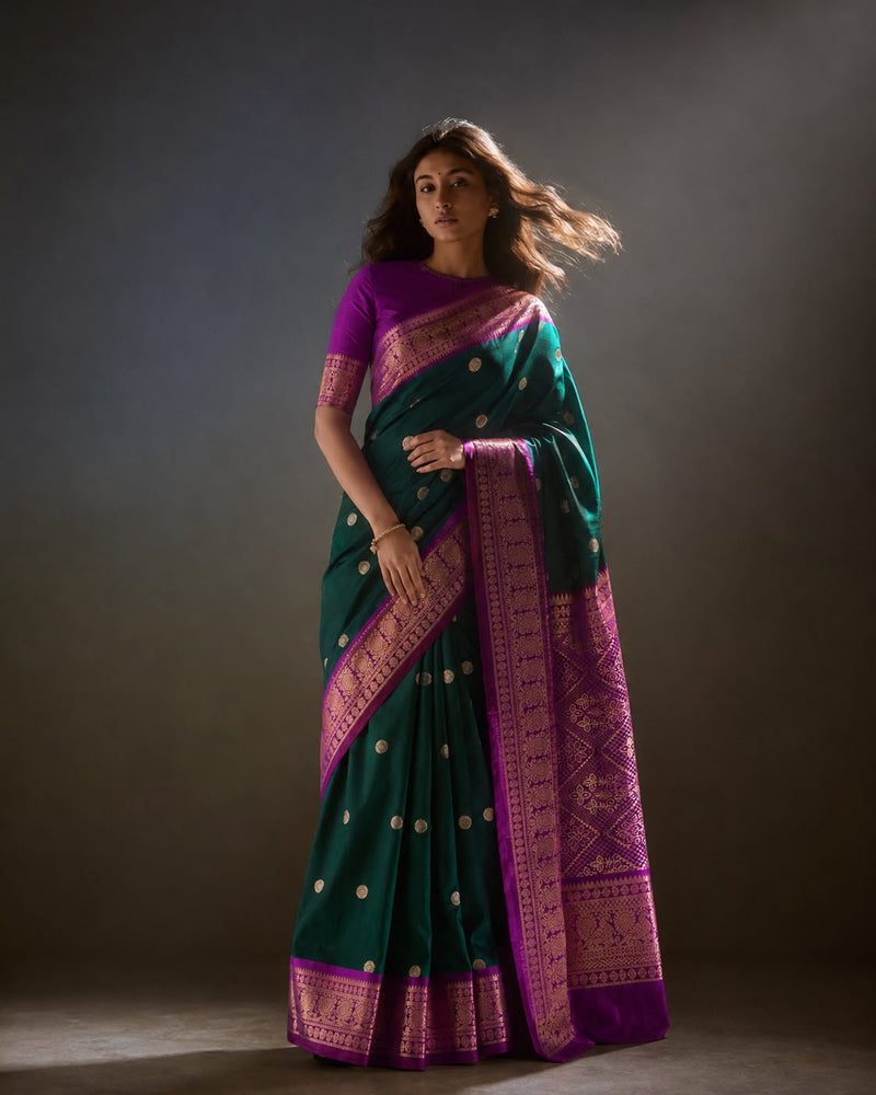 Emerald Green Kanjeevaram Silk Sari with Coin Butas and Purple Zari Border