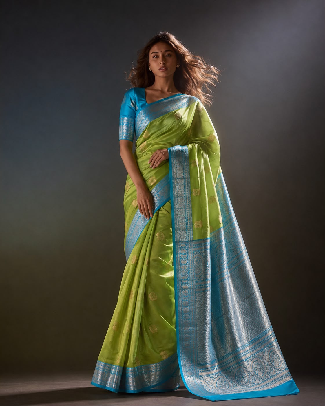Parrot Green Kanjeevaram Silk Sari with Peacock Butas and Turquoise Zari Border