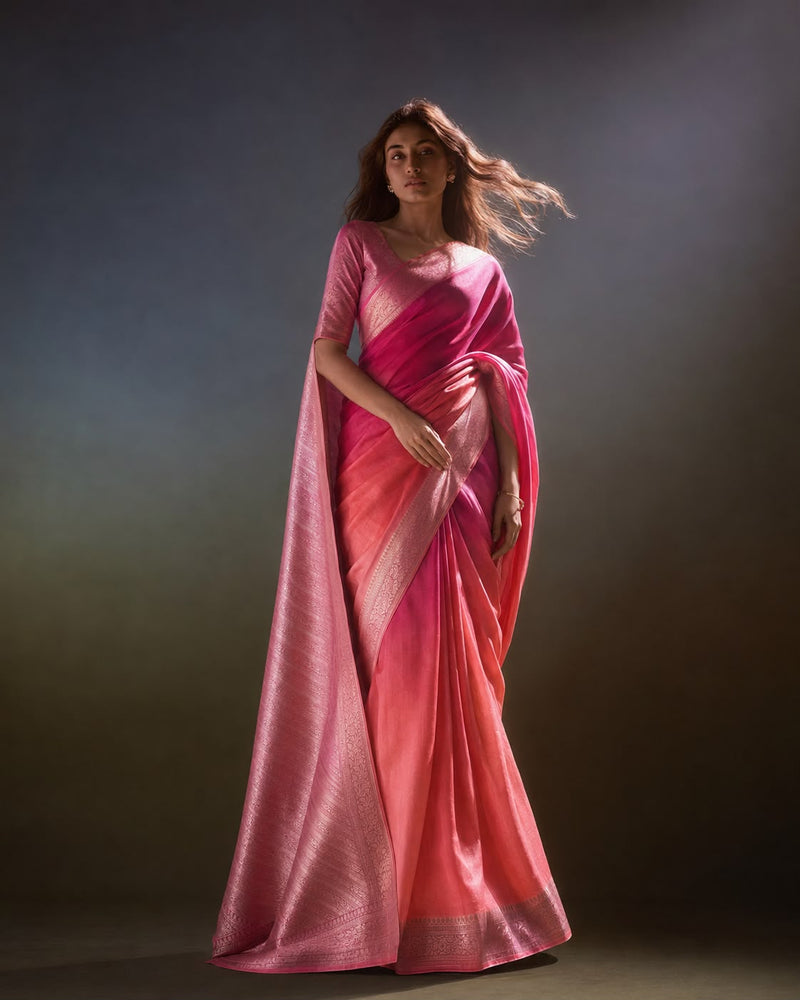 Rani-to-Peach Ombré Organza Silk Banarasi Sari with Zari Bel Border