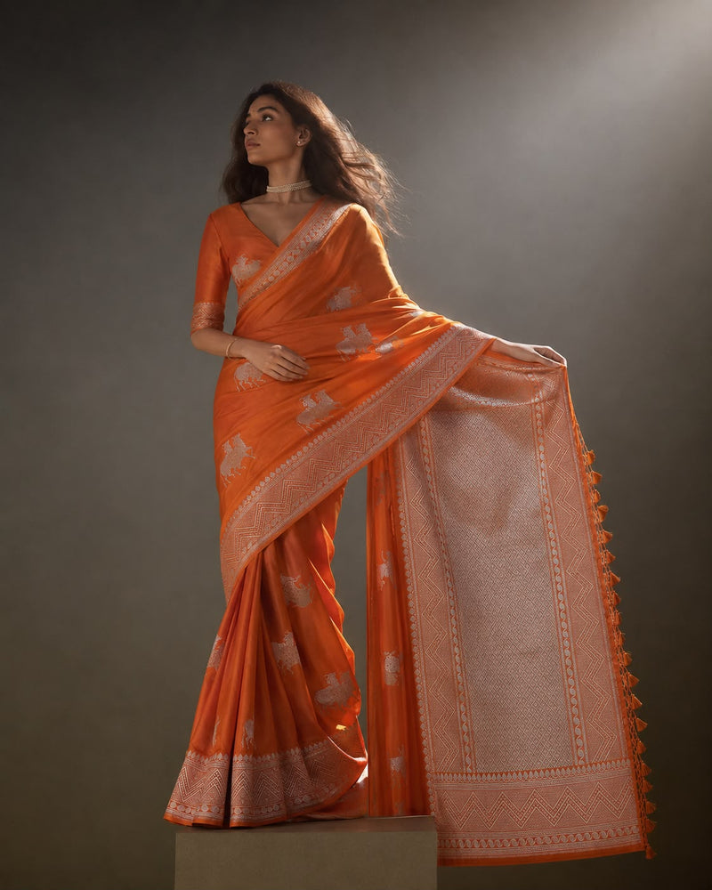 Tangerine Mulberry Silk Banarasi Sari with Nandi Butas and Chevron Zari Border