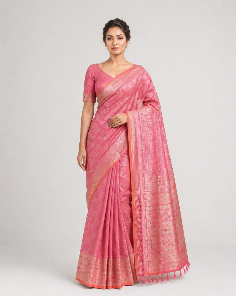 Hot Pink Mulberry Silk Banarasi Sari with Geometric Zari Jaal and Orange Edge