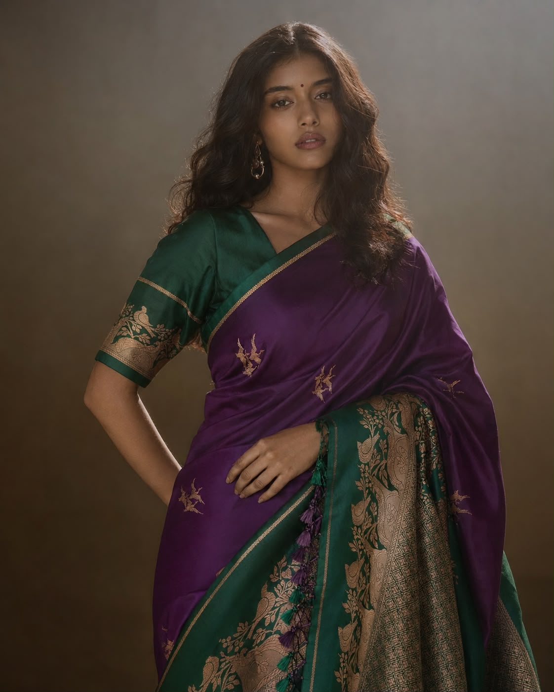 Deep Violet Mulberry Silk Banarasi Sari with Flying Bird Butas and Forest Zari Border