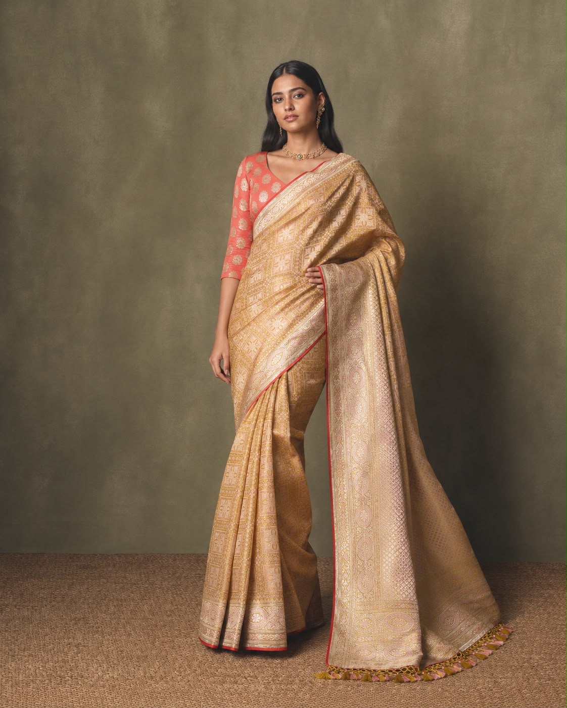 Champagne Gold Mulberry Silk Banarasi Sari with Trellis Jaal and Contrast Red Blouse Piece