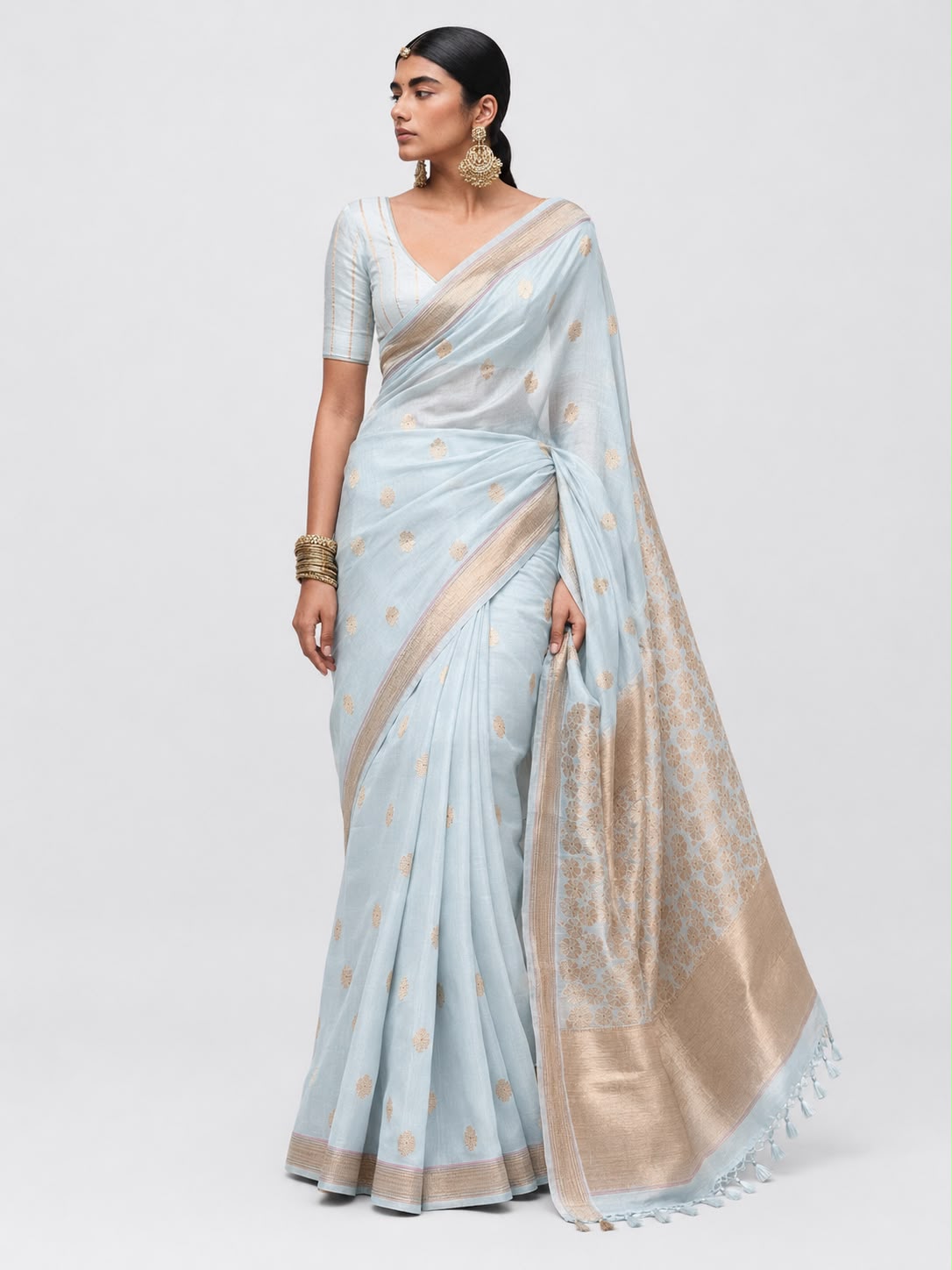 Ice Blue Organza Silk Banarasi Sari with Rose-Gold Floral Butas and Jaal Pallu
