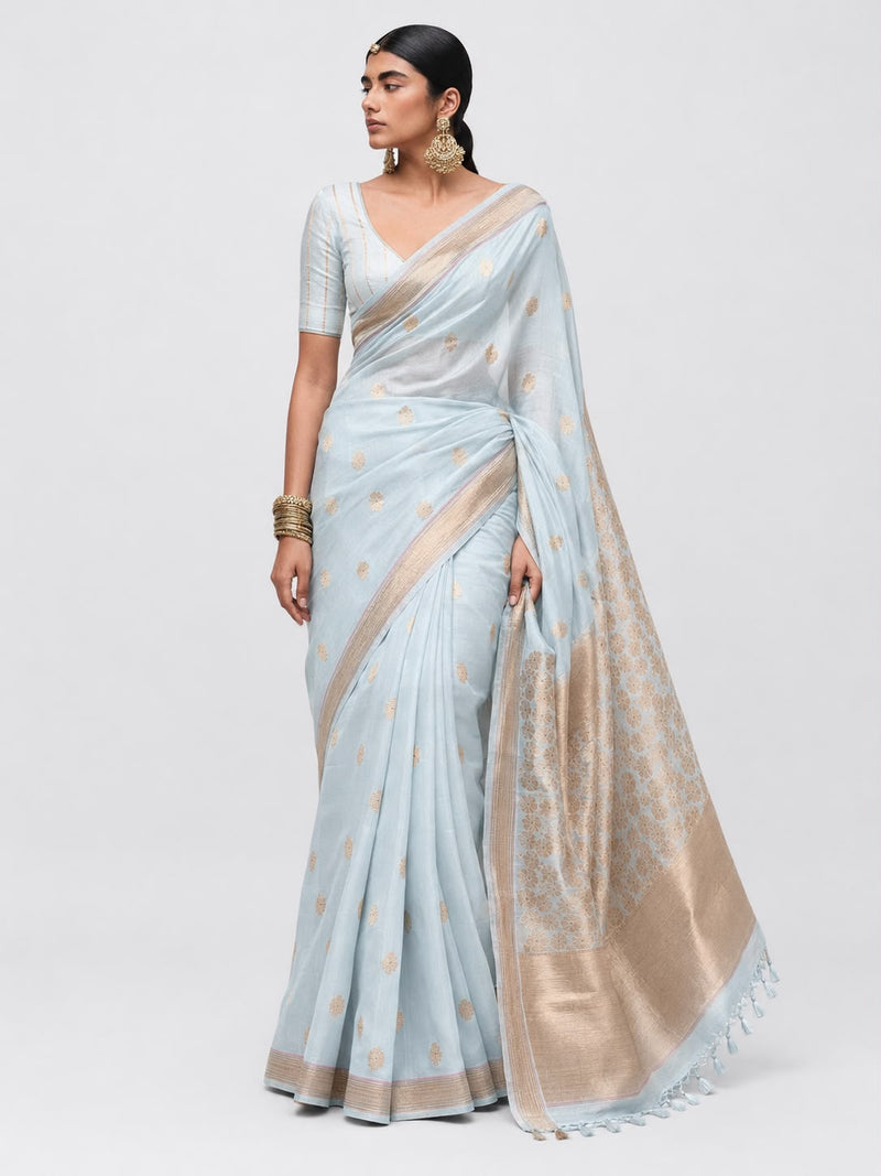 Ice Blue Organza Silk Banarasi Sari with Rose-Gold Floral Butas and Jaal Pallu