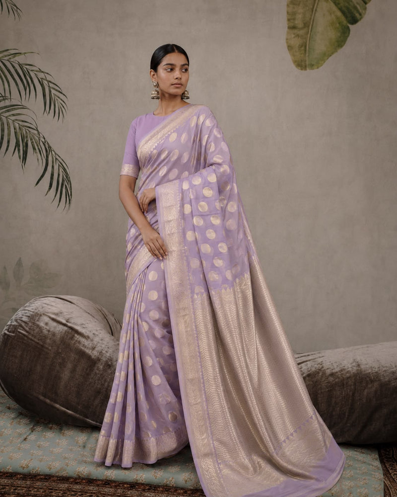 Lilac Georgette Banarasi Sari with Oversized Coin Butas and Champagne Zari Pallu