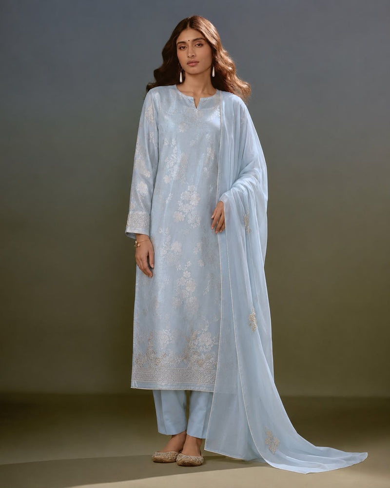 Ice Blue Brocade Silk Kurta and Dupatta Set with Pearl-Embroidered Hem and Organza Dupatta