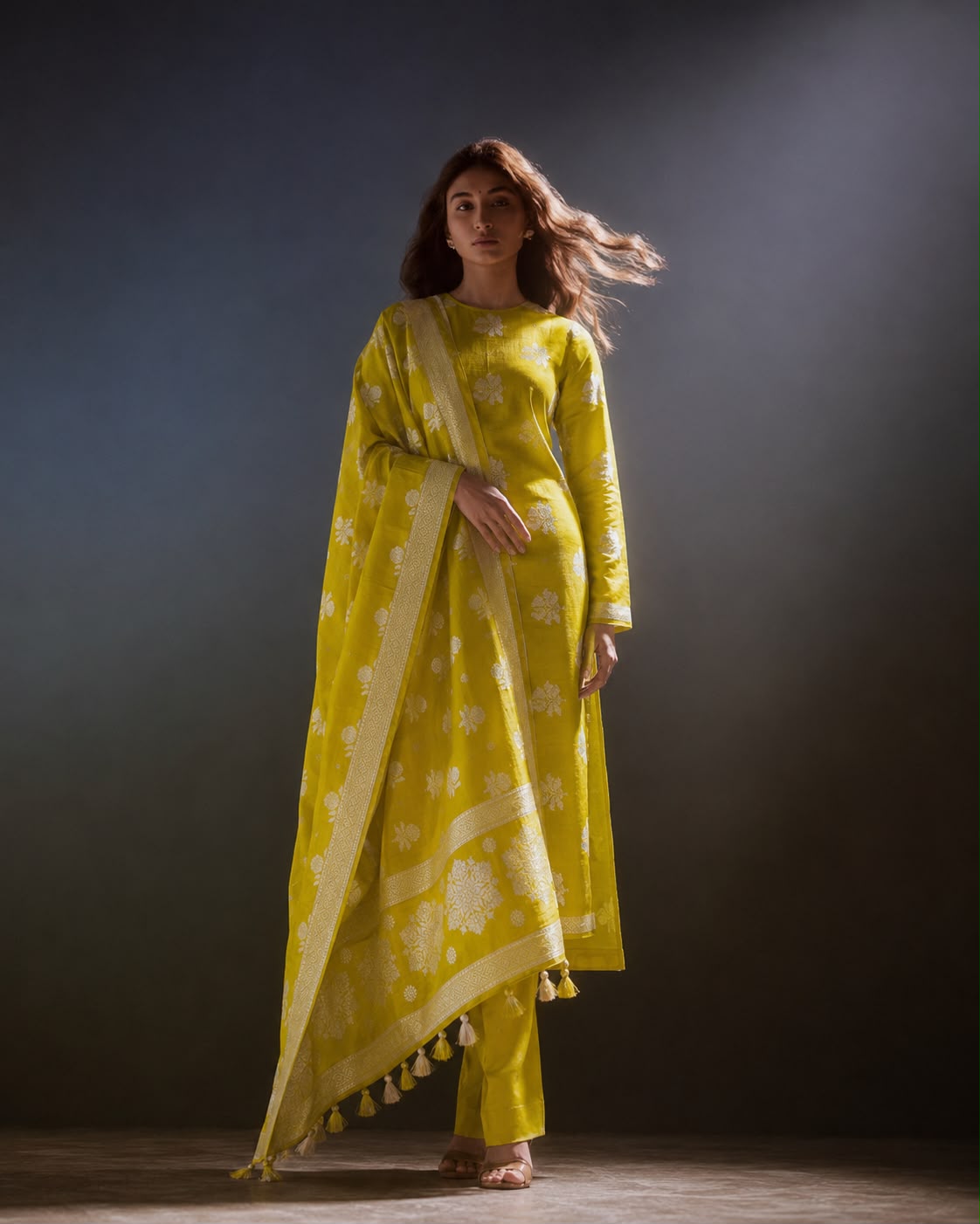 Chartreuse Banarasi Silk Kurta and Dupatta Set with Silver-Toned Floral Butas