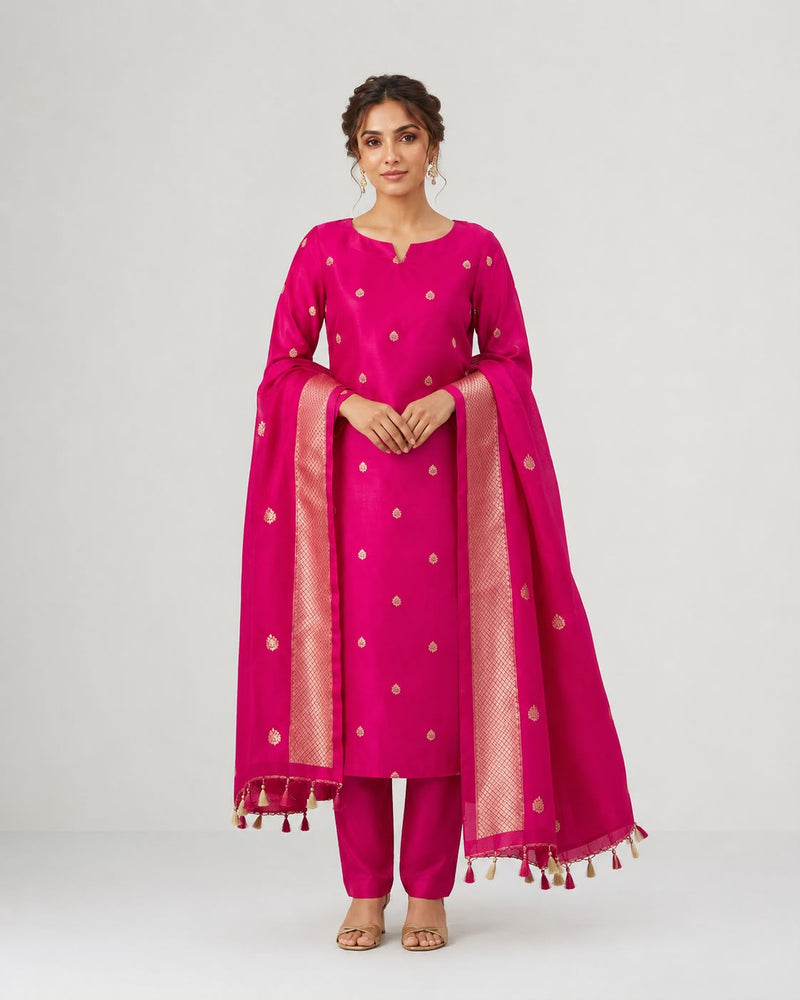 Rani Pink Kora Organza Kurta and Dupatta Set with Gold-Toned Zari Butas