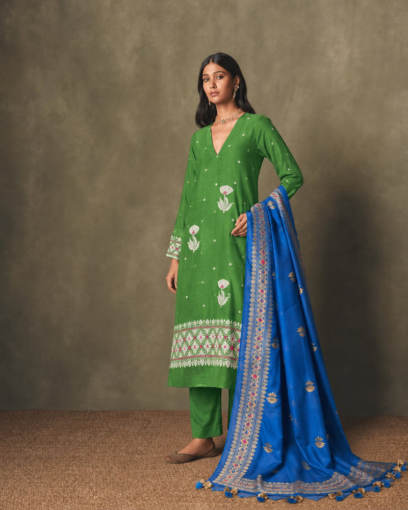 Grass Green Kora Organza Kurta and Dupatta Set with Meenakari Floral Butas and Cobalt Zari Dupatta