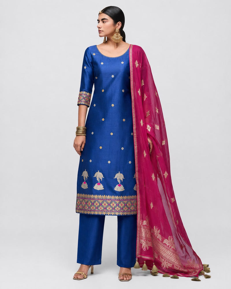 Royal Blue Kora Organza Kurta and Rani Pink Dupatta Set with Lotus Butas and Meenakari Border