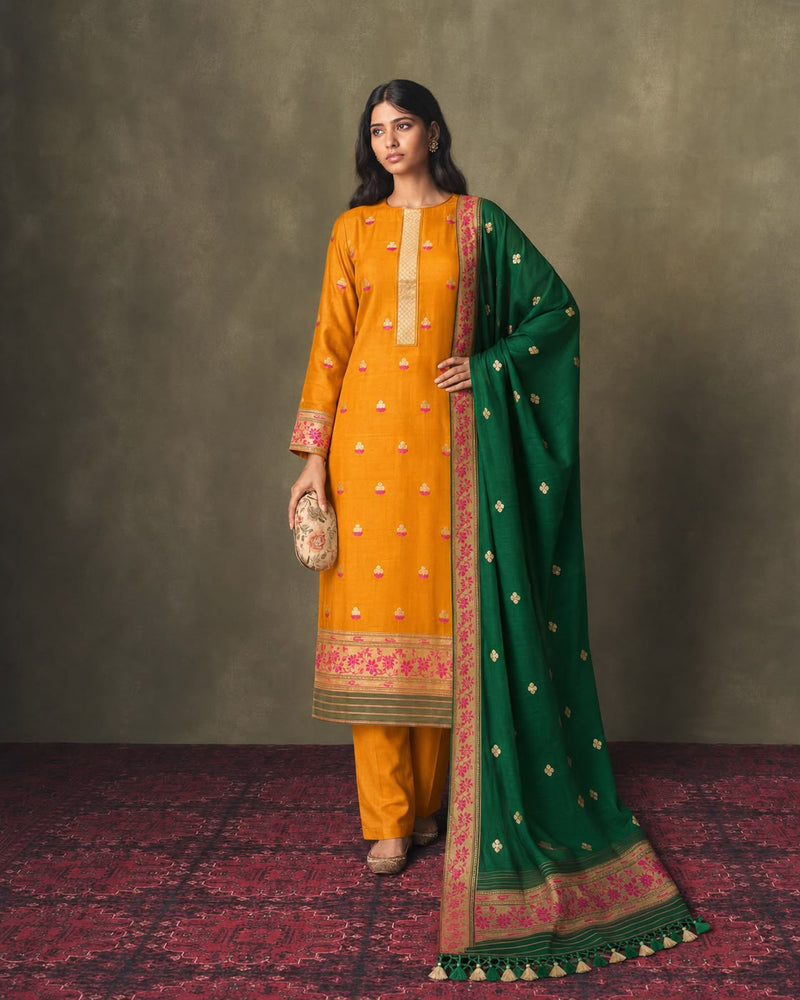 Mustard Kora Organza Kurta and Forest Green Dupatta Set with Meenakari Kalga Butas