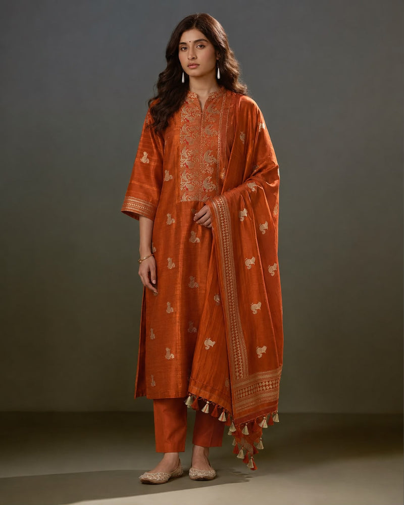 Rust Orange Silk Kurta and Dupatta Set with Peacock Butas and Bird-in-Tree Neckline Panel