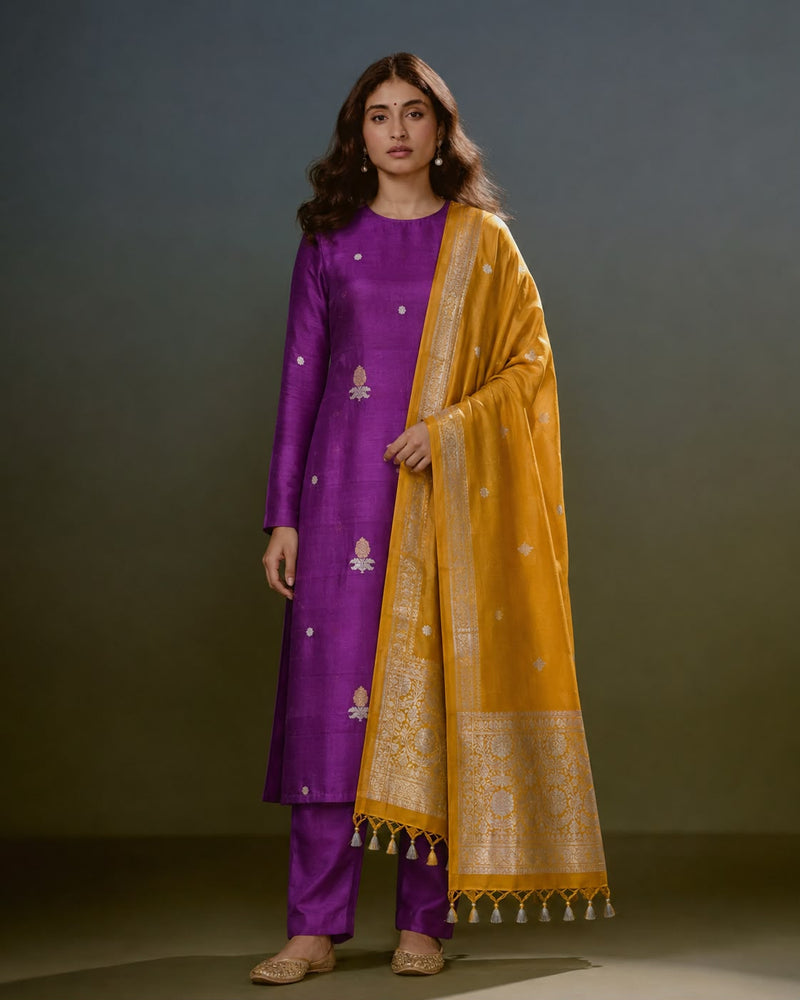Deep Purple Kora Organza Kurta Set with Mustard Banarasi Dupatta