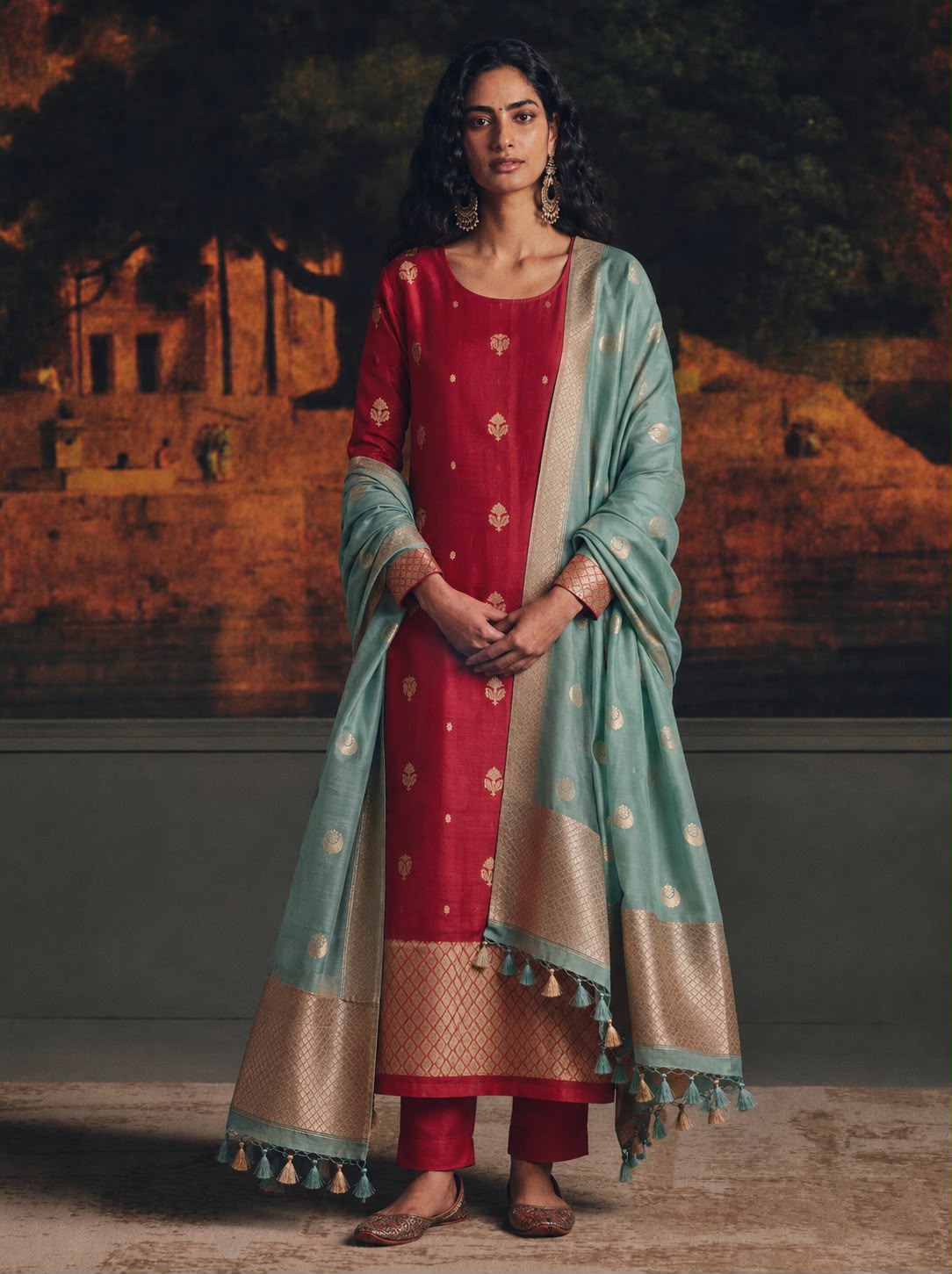 Scarlet Red Kora Organza Kurta Set with Seafoam Blue Banarasi Dupatta