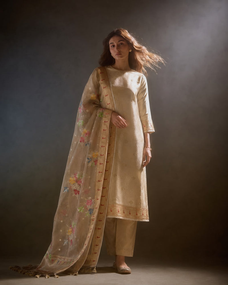 Gold Tissue Banarasi Kurta Set with Meenakari Floral Dupatta