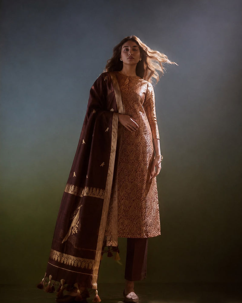 Rust Brocade Banarasi Kurta Set with Bird Motif Dupatta
