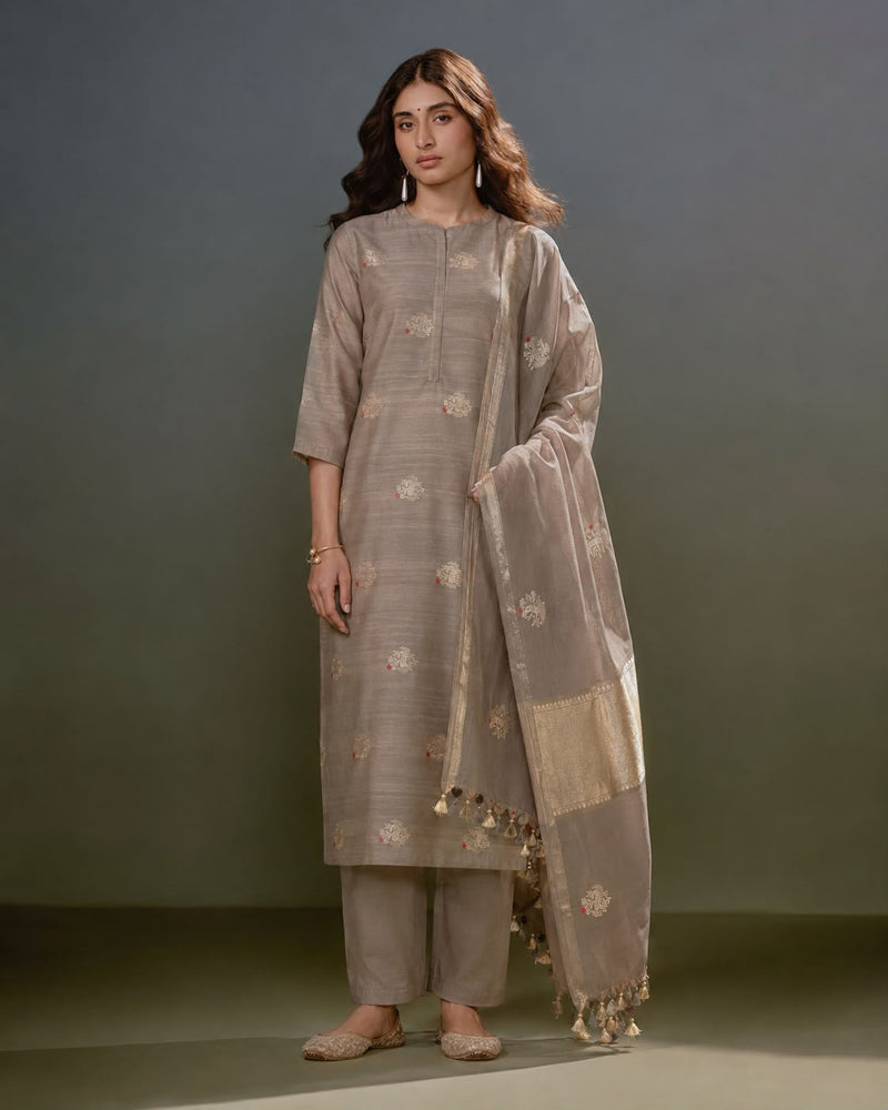 Taupe Mulberry Silk Kurta Set with Bird and Horse Motif Dupatta