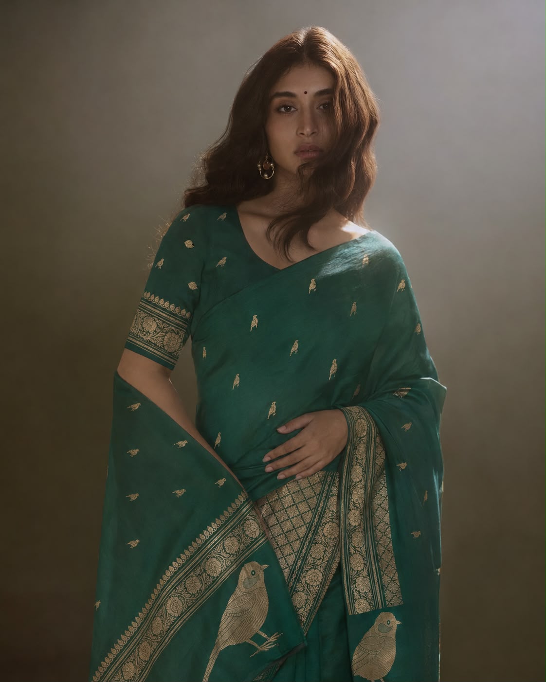 Emerald Green Mulberry Silk Sari with Woven Bird Motifs