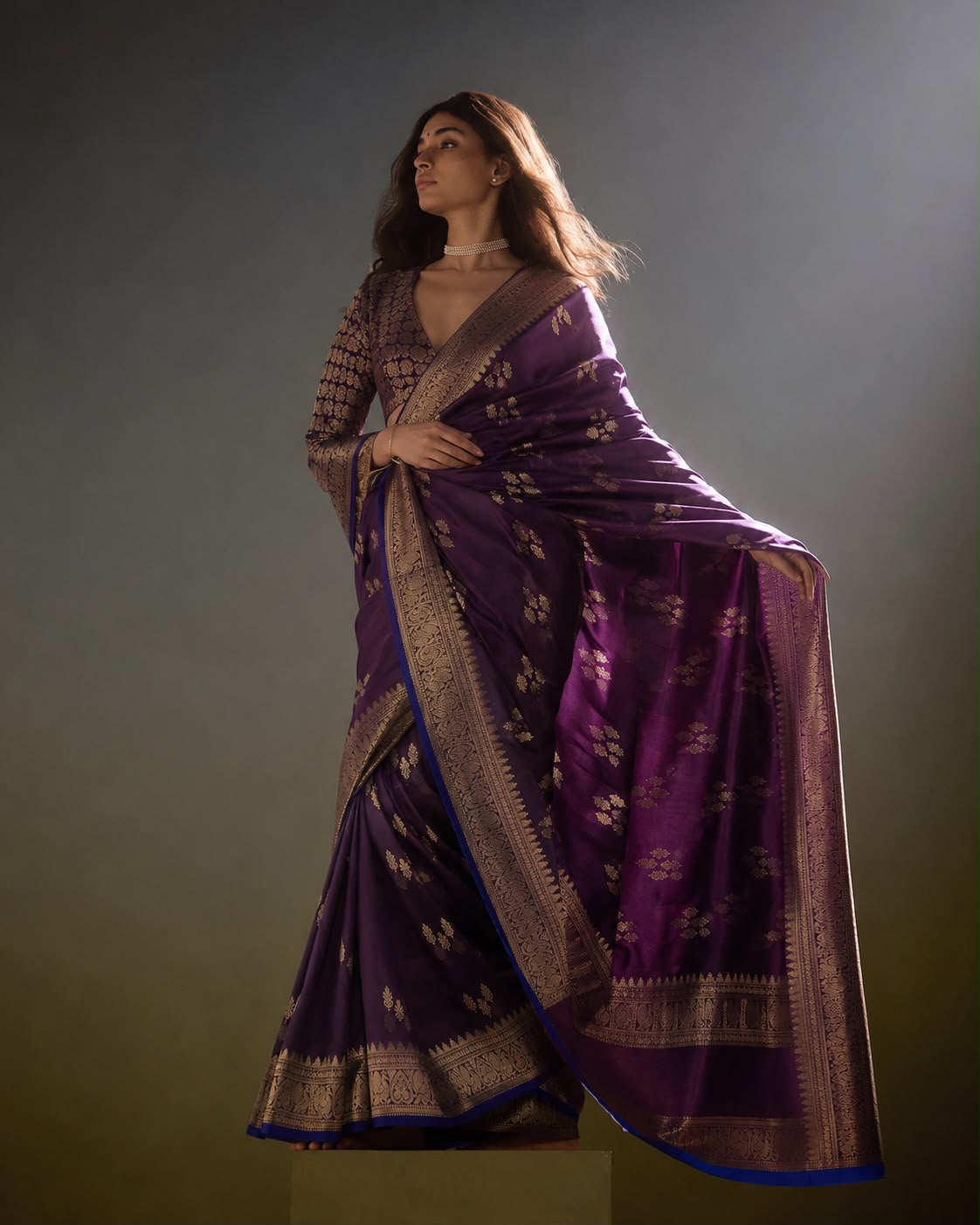 Plum Purple Kanjeevaram Silk Sari with Diamond Cluster Butas and Peacock Zari Border