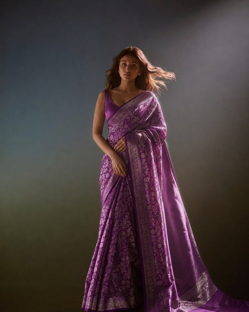 Orchid Violet Kanjeevaram Silk Sari with All-Over Floral Vine Jaal and Paisley Zari Border