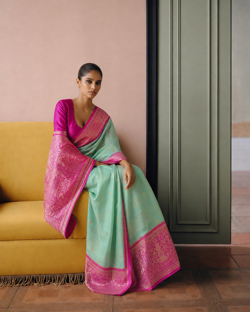 Sea Green Kanjeevaram Silk Sari with Magenta Temple Border
