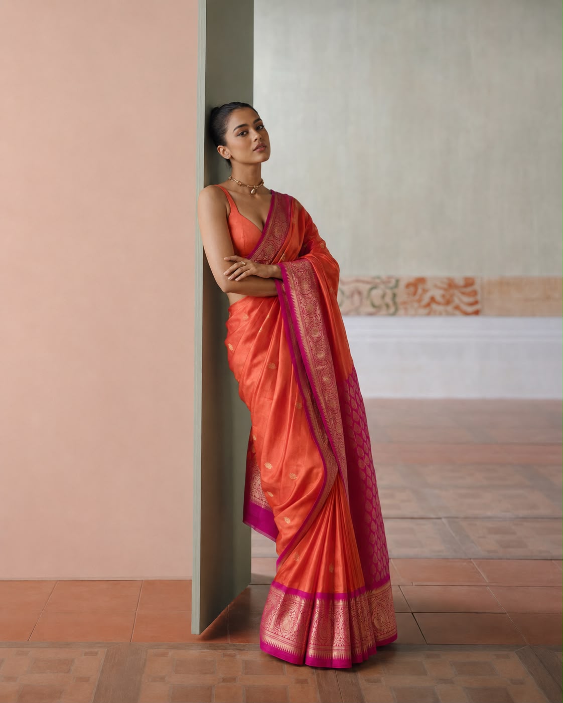 Coral Orange Kanjeevaram Silk Sari with Magenta Cloud Motif Border
