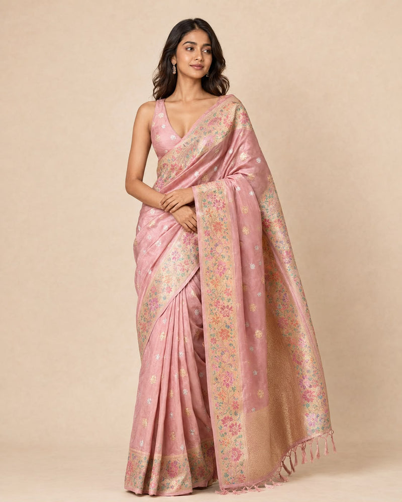 Dusty Rose Banarasi Mulberry Silk Sari with Multicolour Floral Jaal Border
